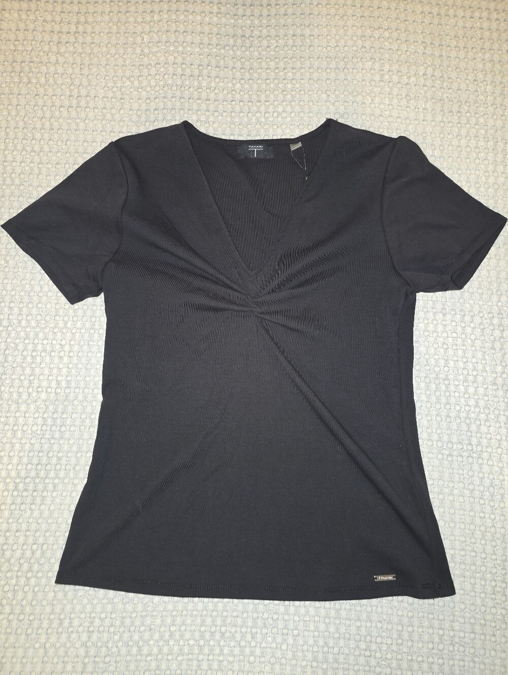 Tahari Black Twist-Front V-Neck Short Sleeve Top